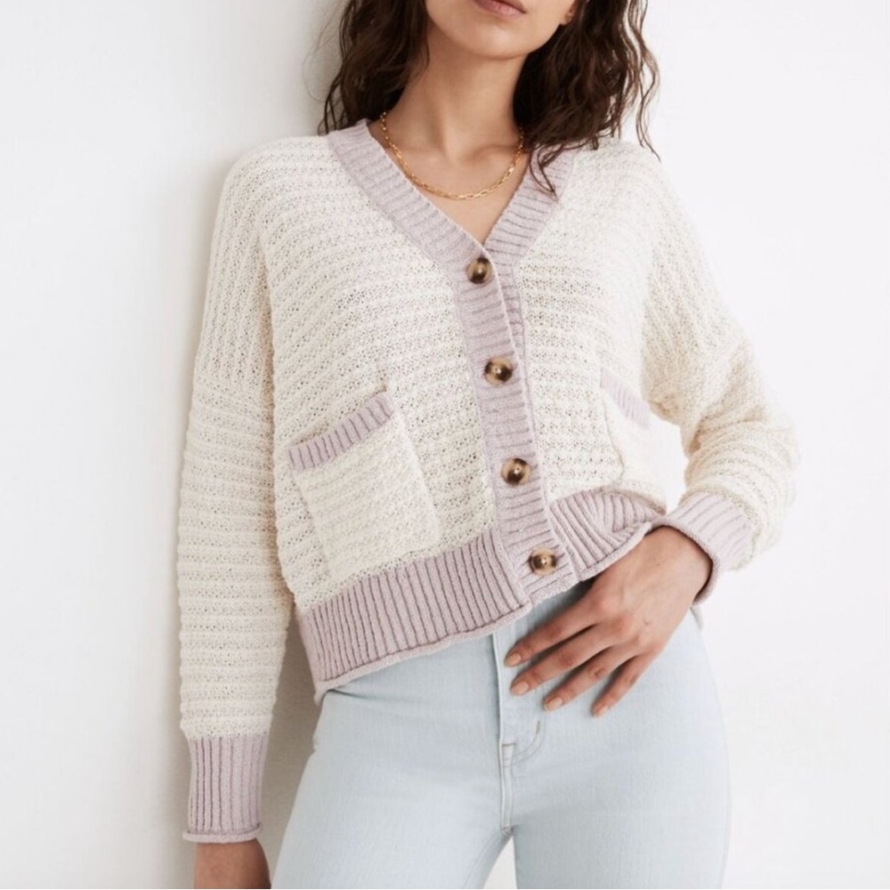 Madewell Seabrook Cardigan Sweater in Colorblock Antique Cream Size Small - Picture 1 of 6